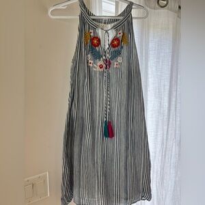 Striped Sleeveless Dress with Embroidery
